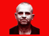 Photo illustration of the mugshot of Marian Hudak on a red background.