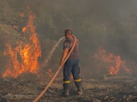 Firefighter Nektarios Kefalas tries to extinguish a wildfire burning near the village of Asklipieio, on the island of Rhodes, Greece, July 24, 2023.