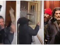 Three pictures of Dominic Pezzola on Jan. 6. Pezzola, a member of the Proud Boys known for bashing in a Capitol window with a stolen police shield to let in a mob of wild MAGA fanatics on Jan. 6, was sentenced Friday to 10 years in federal prison.