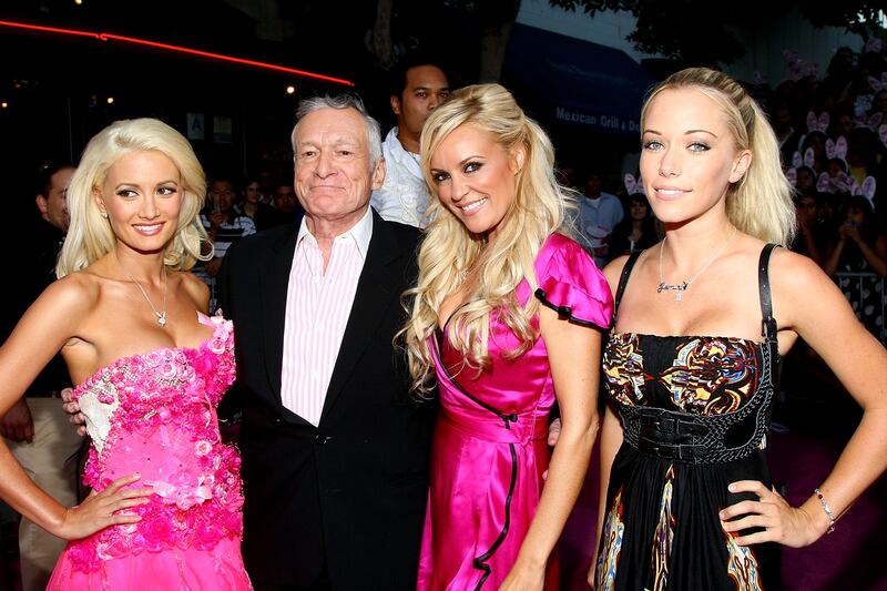 Holly Madison, Hugh Hefner, Bridget Marquardt, and Kendra Wilkinson at the premiere of "House Bunny" in California in 2008.