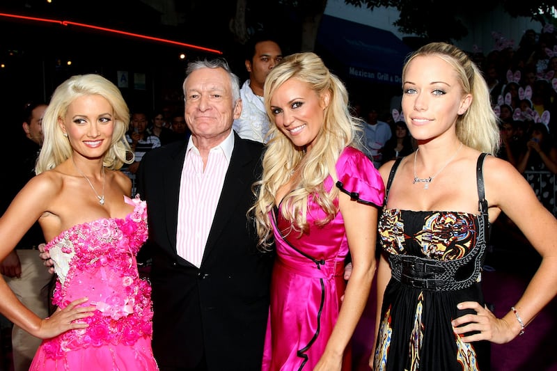 Holly Madison, Hugh Hefner, Bridget Marquardt, and Kendra Wilkinson at the premiere of "House Bunny" in California in 2008.