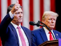 Rep. Ronny Jackson (R-TX) speaks on the stage with Donald Trump at a rally at the Brick Breeden Fieldhouse at Montana State University on August 9, 2024 in Bozeman, Montana.