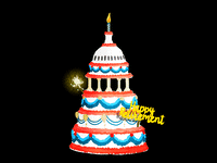 Illustrative gif of a tall cake looking like the Capitol Building with a candle on top and a sparkler sticking out, with a cutout reading, “happy retirement” stuck into the cake.