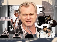 A photo illustration featuring Christopher Nolan with stills from Oppenheimer, Interstellar, The Dark Knight and Inception with an audience cheering.