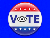 An animated GIF of a Vote button with a suspicious eye.