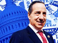 A photo illustration of Rep. Jamie Raskin, the Capitol building, and I Voted stickers.