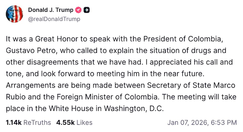 Donald Trump Truth Social post about Colombian President Gustavo Petro