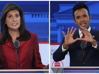 Side-by-side photos of Nikki Haley and Vivek Ramaswamy at the second GOP debate.
