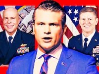 A photo illustration of Rear Admiral Kurt J. Rothenhaus, Pete Hegseth, and Lt. General Joseph McGee.