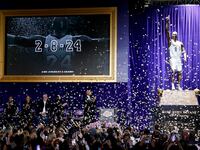 A statue for former Los Angeles Lakers guard Kobe Bryant is unveiled during a ceremony at Star Plaza outside of Crypto.com Arena.