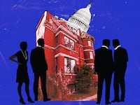A photo illustration of a red brick townhouse in Washington DC and the US Capitol building.