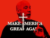 Photo illustration of Pastor Tim Thompson on a red background with “Make America Great Again” on top with the “t” as a glitching cross