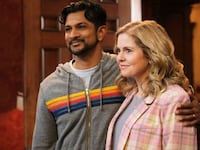 A photo including Utkarsh Ambudkar as Jay and Rose McIver as Samantha in the series Ghosts on CBS