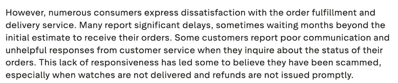 An AI summary of the negative reviews on Trustpilot for gettrumpwatches.com.