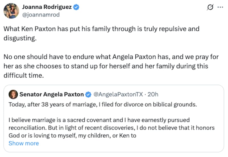 Joanna Rodriguez, the spokeswoman for the Senate GOP’s campaign committee, savaged Ken Paxton in public.