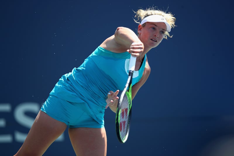 CoCo Vandeweghe serves to Catherine Bellis during their semifinal match on Day 6 of the Bank of the West Classic at Stanford University Taube Family Tennis Stadium on August 5, 2017 in Stanford, California.