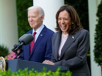 U.S. Vice President Kamala Harris delivers remarks, as President Joe Biden listens