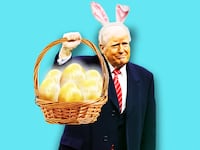Donald Trump holding golden easter basket with bunny ears illustration