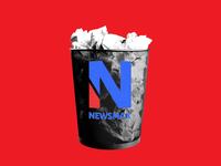 Newsmax logo illustrated over a trash bin.