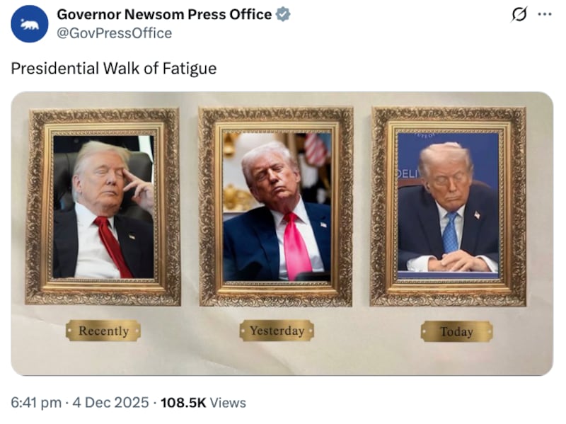 Gavin Newsom Press Office tweet about Trump featuring the ‘Presidential Walk of Fatigue’