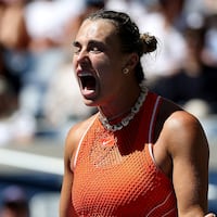 Aryna Sabalenka reacts against Linda Noskova of Czechia during their Women's Singles Quarterfinal match on Day Ten of the 2026 US Open at USTA Billie Jean King National Tennis Center on September 08, 2026.
