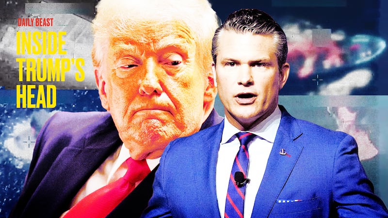 A photo illustration of Donald Trump and Pete Hegseth for Inside Trump's Head podcast.