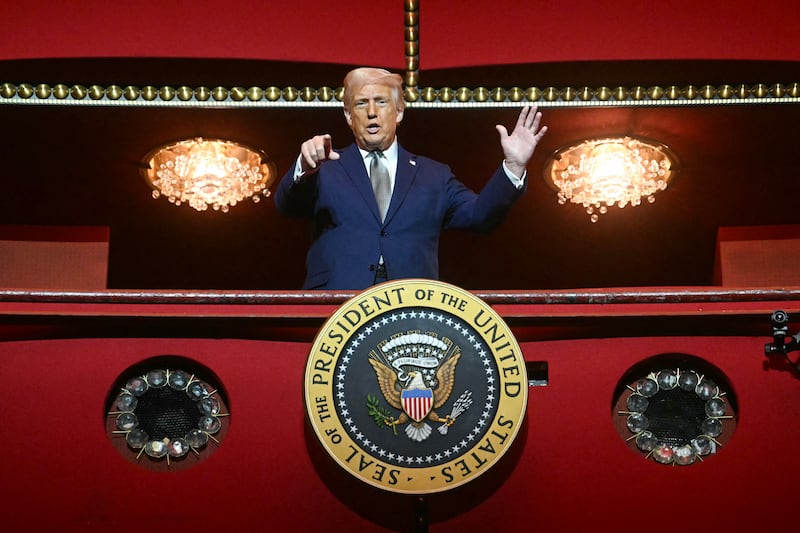 U.S. President Donald Trump stands in the presidential box as he tours the John F. Kennedy Center for the Performing Arts.