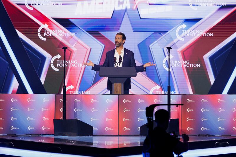 Donald Trump Jr. speaks on the final day of Turning Point USA's annual AmericaFest conference at the Phoenix Convention Center on December 21, 2025 in Phoenix, Arizona.
