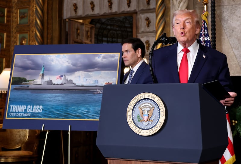 PALM BEACH, FLORIDA - DECEMBER 22: U.S. President Donald Trump, joined by U.S. Secretary of State Marco Rubio, announced the creation of the “Trump-class” battleship during a statement to the media at Trump’s Mar-a-Lago estate on December 22, 2025 in Palm Beach, Florida. Trump announced the new class of ship will become the centerpiece of his “Golden Fleet” program to rebuild and strengthen the U.S. shipbuilding industry. (Photo by Tasos Katopodis/Getty Images)