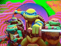 A photo illustration of a production still from Teenage Mutant Ninja Turtles: Mutant Mayhem.