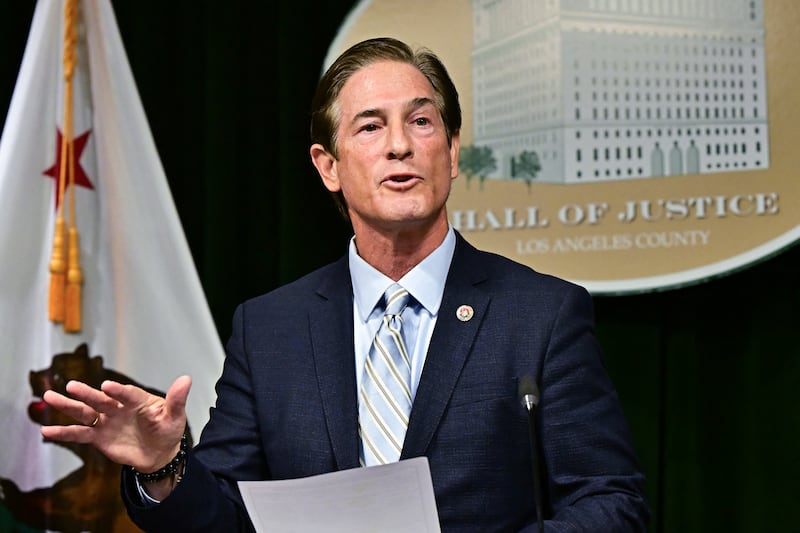 Los Angeles County District Attorney Nathan Hochman speaks during a news conference about the case of Erik and Lyle Menendez in 2025.