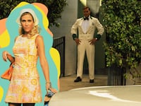 A photo illustration showing Kristen Wig and Ricky Martin in Palm Royale.
