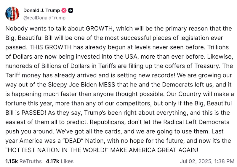 Trump's Truth Social Post imploring GOP reps to back his bill.