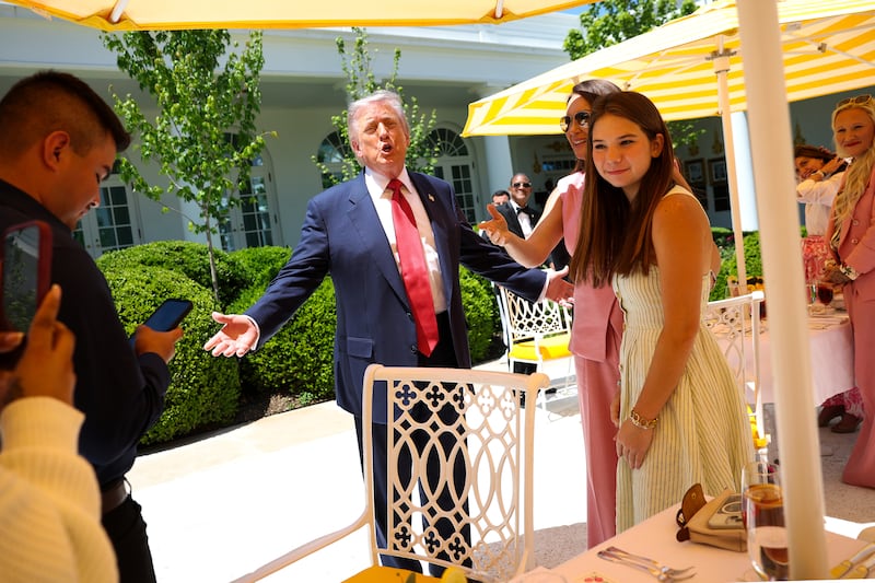 President Donald Trump demands they turn up the music after delivering remarks during a Mother's Day luncheon with Angel Moms and Gold Star Mothers in the Rose Garden at the White House on May 08, 2026.
