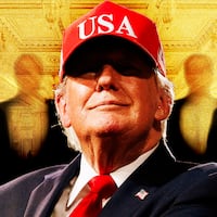 A photo illustration of Donald Trump and the White House Ballroom.