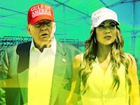 A photo illo illustration of Donald Trump, Kristi Noem, and Alligator Alcatraz in Florida.
