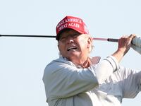 STERLING, VIRGINIA - MAY 25: Former President Donald Trump follows his tee shot during the pro-am prior to the LIV Golf Invitational - DC at Trump National Golf Club on May 25, 2023 in Sterling, Virginia. (Photo by Rob Carr/Getty Images)
