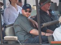 Prince Harry, Duke of Sussex (front centre) arrives by safari jeep to watch an anti-poaching demonstration exercise conducted jointly by local rangers and UK military deployed on Operation CORDED at the Liwonde National Park during the royal tour of Africa on September 30, 2019 in Malawi.