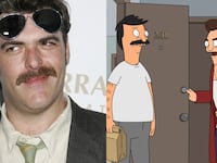 Actor Jay Johnston at the 19th Annual GLAAD Media Awards (left) and his character on Bob's Burgers, Jimmy Pesto, (far left) during the season finale entitled, "Prank You For Being A Friend."