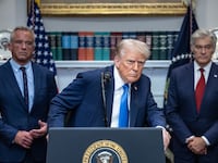 WASHINGTON - SEPTEMBER 22, 2025: President Donald Trump, flanked by senior health officials, speaks during a news conference on September 22, 2025 inside the Roosevelt Room at The White House in Washington. The President, joined by health officials, spoke about the alleged link between autism and use the use of Acetaminophen by mothers during pregnancy. (Photo by Tom Brenner For The Washington Post via Getty Images)