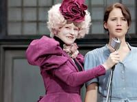 A photo still of Elizabeth Banks and Jennifer Lawrence in The Hunger Games