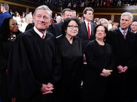 Chief Justice of the Supreme Court John Roberts sits with other SCOTUS justices ahead of US President Joe Biden's third State of the Union address to a joint session of Congress in the US Capitol in Washington, DC, March, 7 2024.