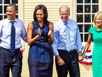 Left to right, President Barack Obama, First Lady Michelle Obama, Vice President Joe Biden, and his wife, Jill Biden, walked on stage during The Grassroots Event, held at the Strawbery Banke Museum in Portsmouth, N.H.