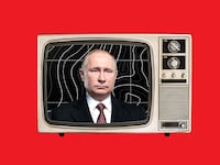 A photo illustration shows Vladamir Putin on TV on a red background