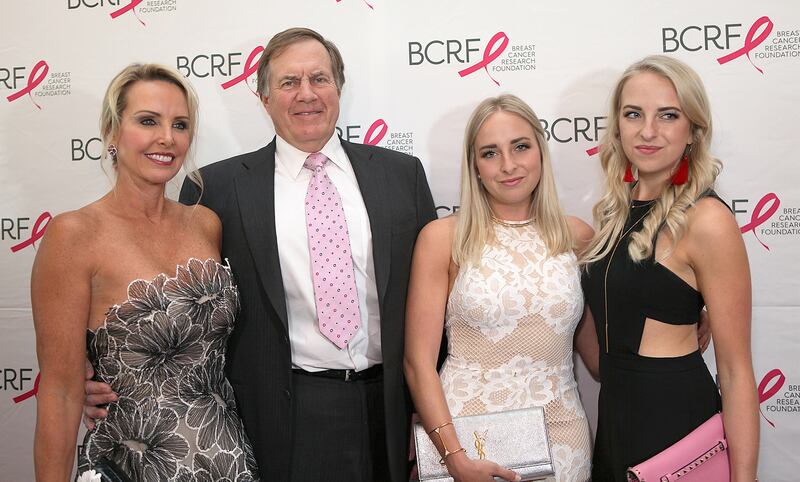 BOSTON, MA - MAY 14: (L-R) Linda Holliday, Bill Belichick, Ashley Hess and Katie Hess attend the Breast Cancer Research Foundation's Boston Hot Pink Party 2015 at the Seaport World Trade Center on May 14, 2015 in Boston, Massachusetts.(Photo by Gail Oskin/Getty Images for Breast Cancer Research Foundation)