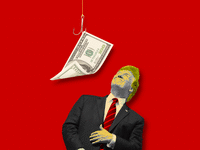 A photo illustration of a hundred dollar bill on a fish hook and Donald Trump.