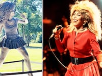 Newly unveiled statue of Tina Turner in Brownsville, TN, and Tina Turner on stage in 1987.