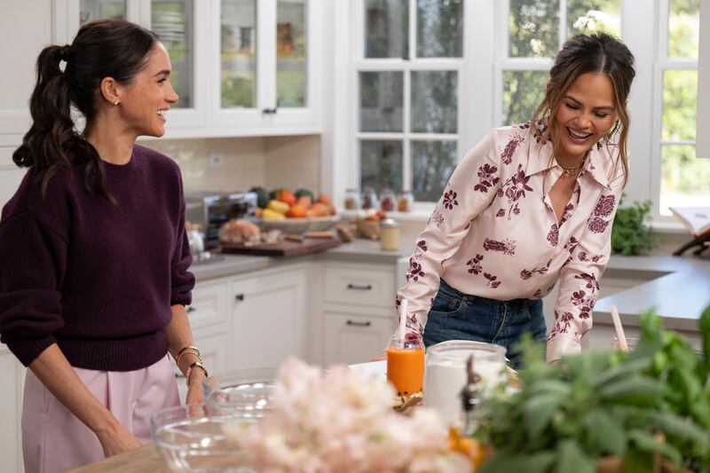 With Love, Meghan. (L to R) Meghan, Duchess of Sussex, Chrissy Teigen in episode 202 of With Love, Meghan. Cr. Jake Rosenberg/Netflix © 2025
