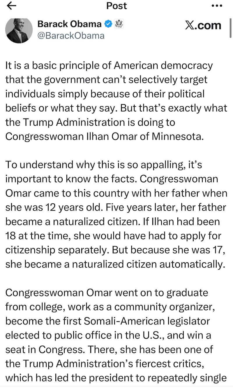 The former president opened his lengthy statement by naming the Trump administration directly.