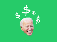 A gif of Joe Biden with dollar signs floating above his head